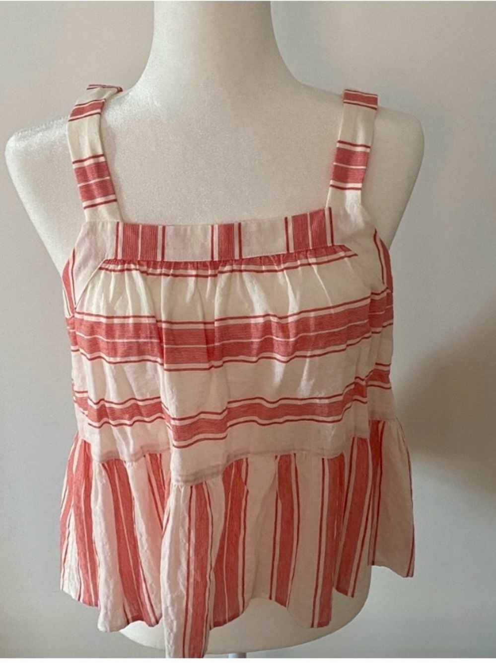 NWT LOFT Coral Ivory Striped Lurex Peplum Tank Top Square Neck Size Small